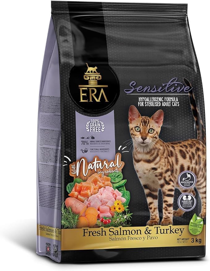 ERA Grain Free Salmón y Pavo - Pienso para Gatos Adultos, Sin Cereales, Rico en Proteínas y Probióticos, Alimento Completo y Equilibrado, 6 kg