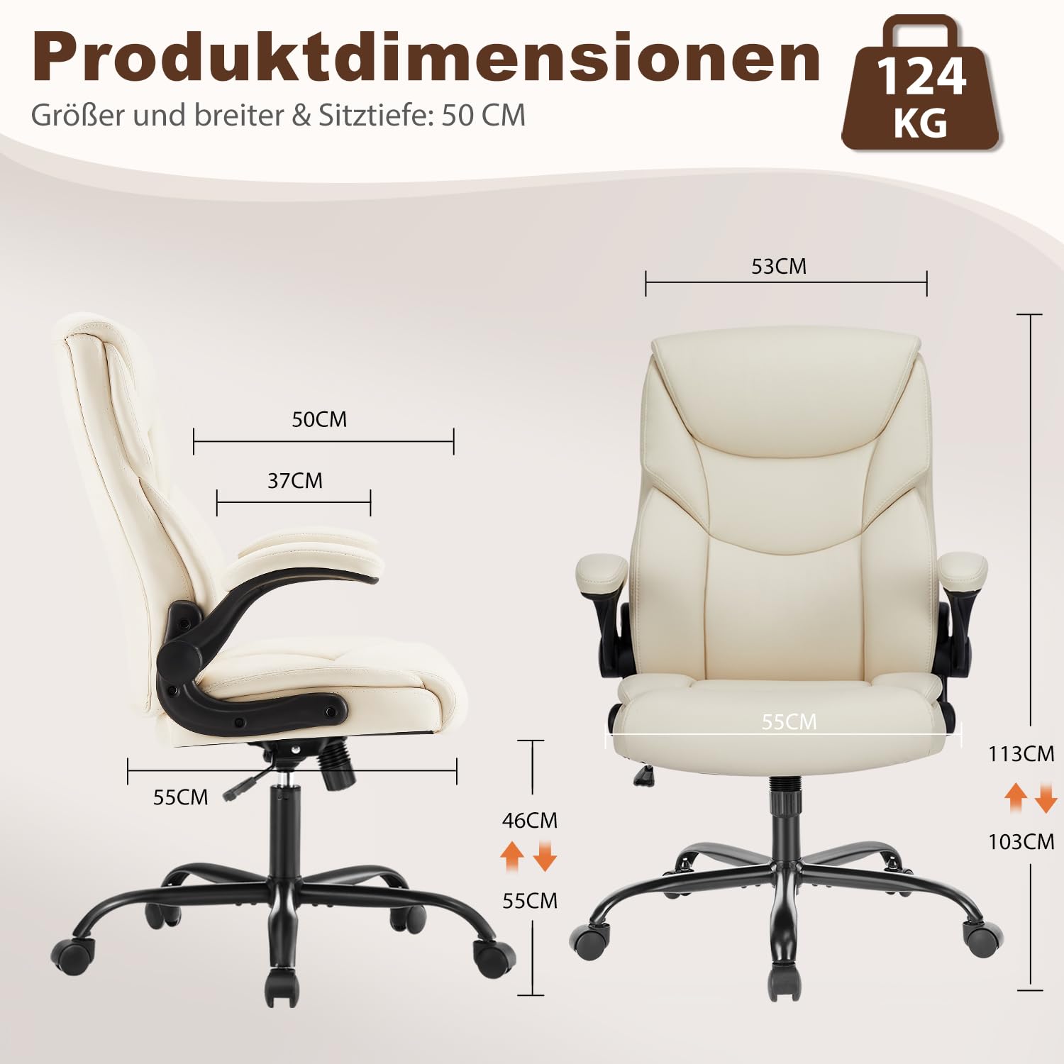 DUMOS Bürostuhl Pu-Leder Chefsessel mit Hochklappbaren Armlehnen Bürostuhle Leder mit Drehbaren Rädern Office Chair Ergonomic Geeignet für Büros Zuhause und Andere Umgebungen