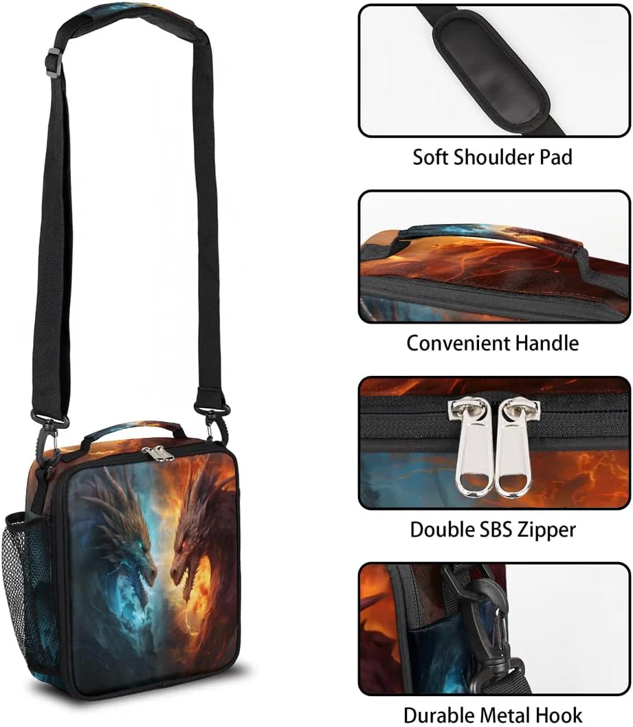 Pardick Lunch Box for Kids Boys Girls Water Fire Dragon Kids Lunch Bag Insulated Lunch Bag Tote with Adjustable Shoulder Strap Teens Lunchbox Cooler School Picnic