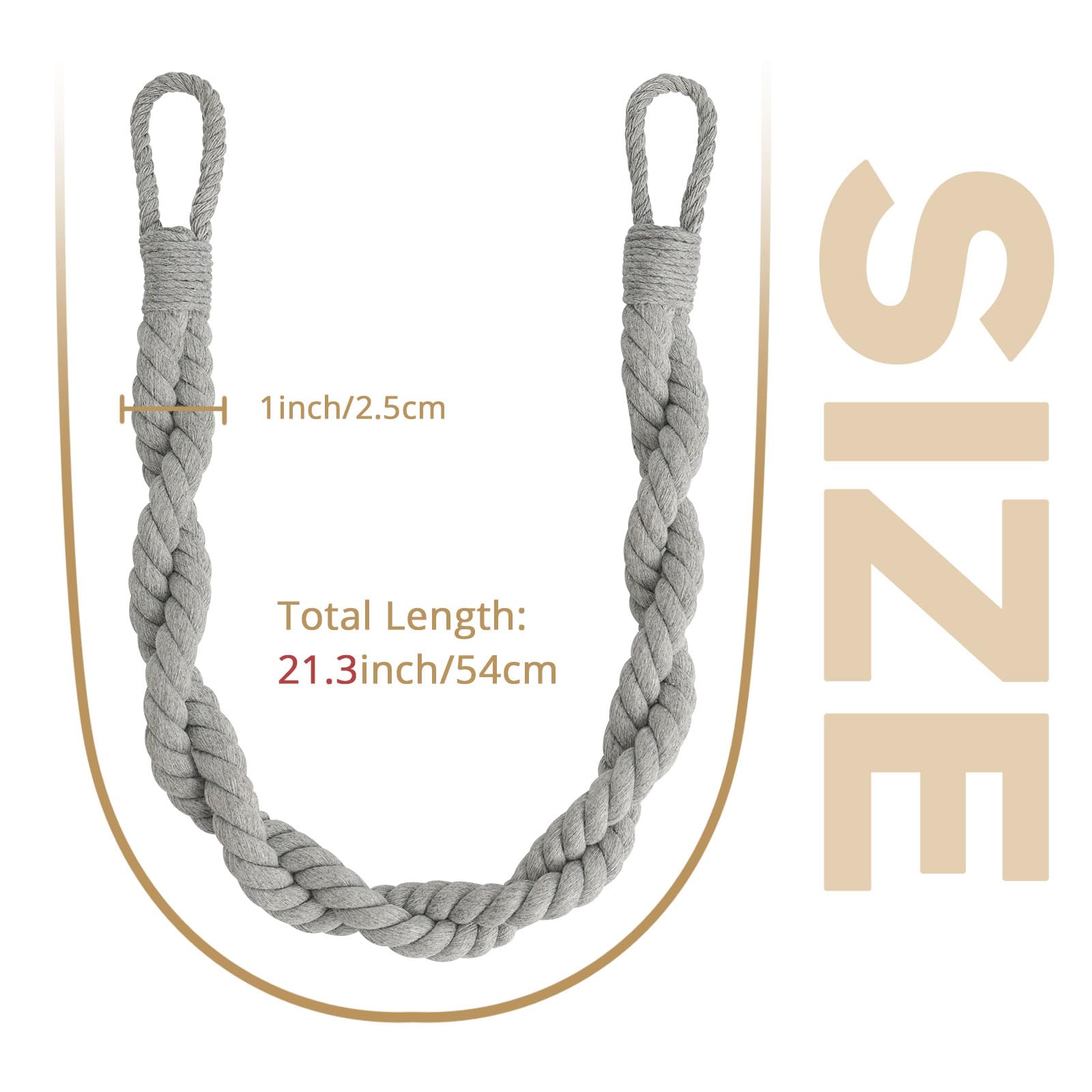 Pretty Jolly 2 Pack Natural Cotton Rope Curtain Tiebacks Elegant Boho Style Decor Drape Tie Backs Soft Hand-Woven Double Rope Curtain Holdbacks with Metal Hook for Home & Office Drapery (Light Grey) - Image 3