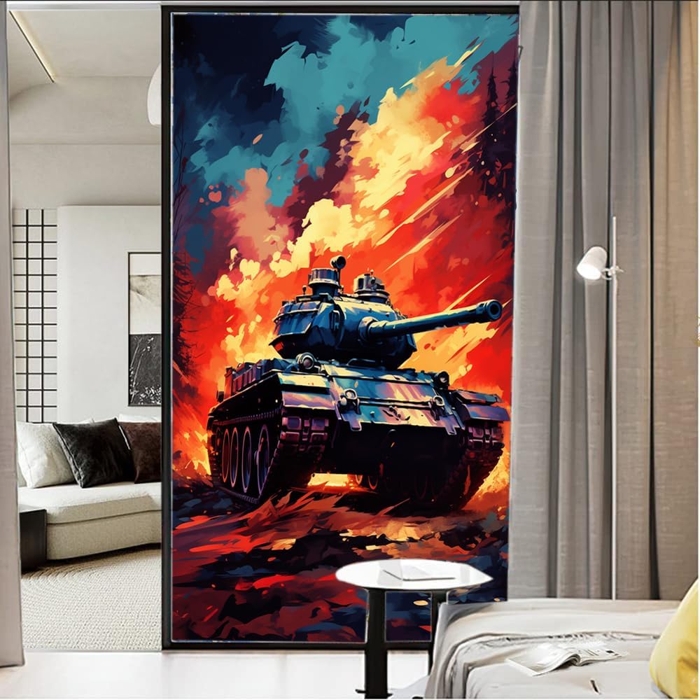 Tank War Stained Glass Window Film Sunset Red Clouds American Style Privacy Window Film Glass Door Covering Non-Adhesive Window Stickers for Bathroom Kitchen 35.4Wx63L