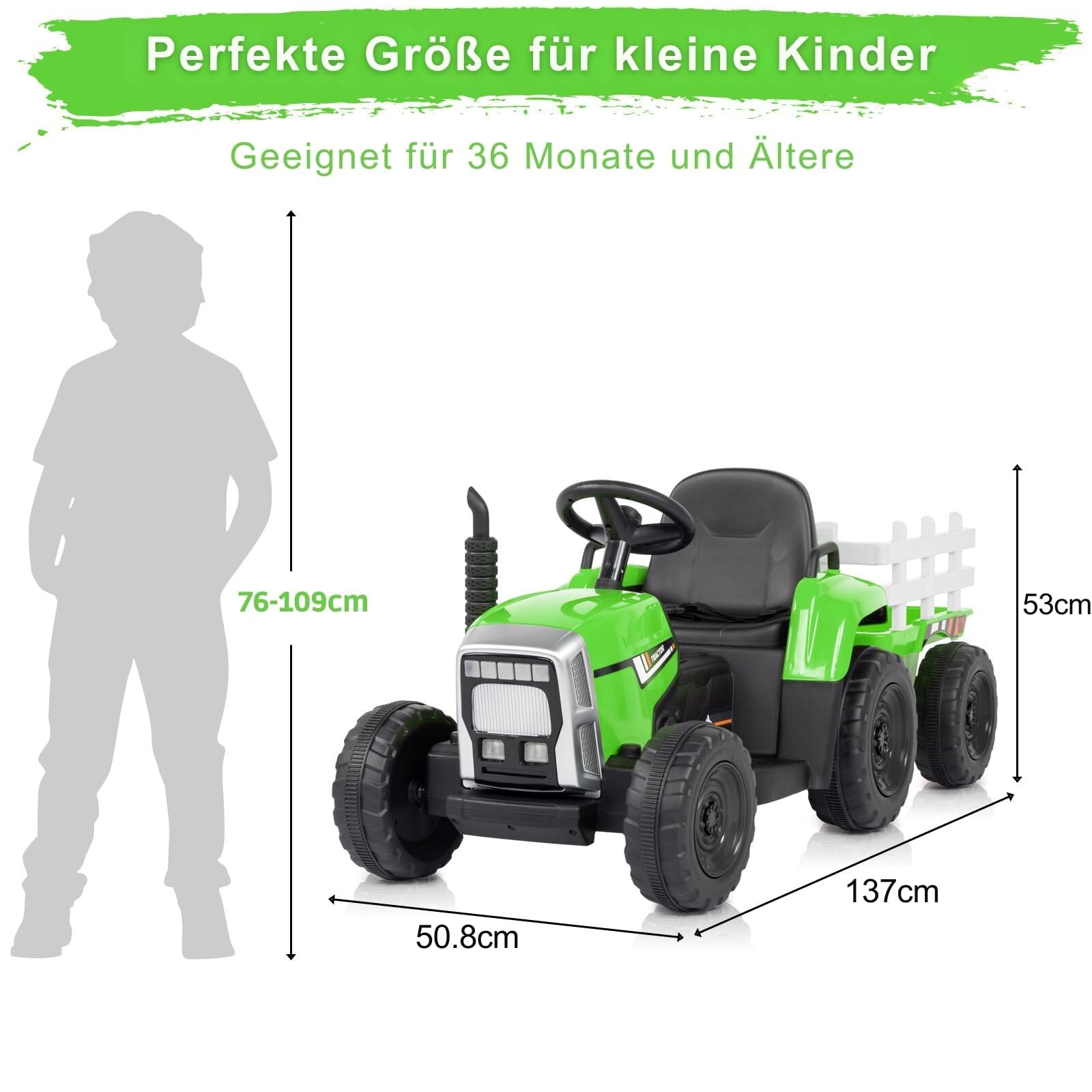 LEADZM 12V Traktor mit Anhänger, Kinder Aufsitztraktor mit LED-Lichtern, Musik, Hupe & USB-Funktionen, Abnehmbarer Anhänger