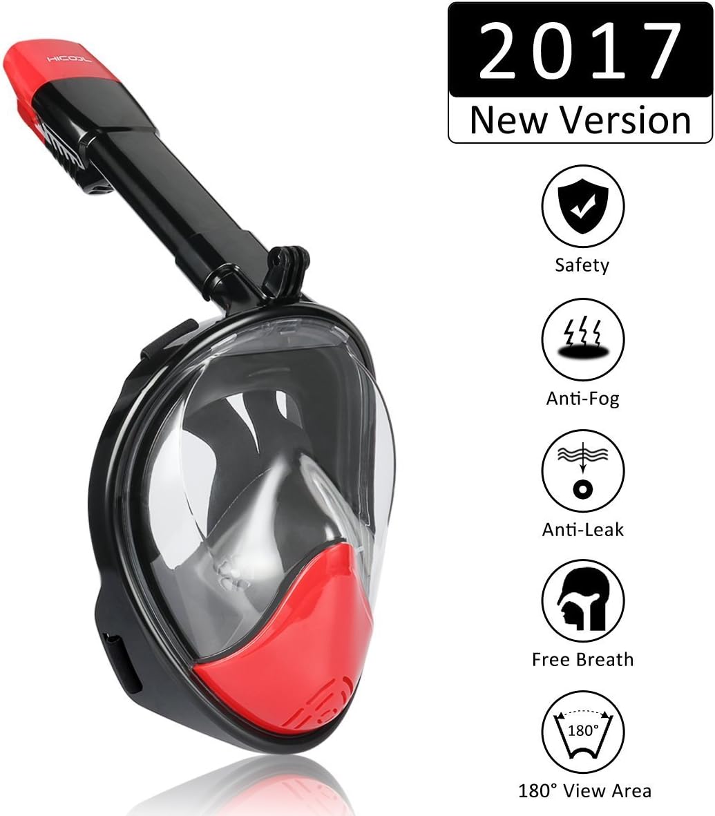Snorkeling Mask, HiCool 180 Degree Viewing Diving Mask with Full Face Free Breathing Design, Anti-fog and Anti-leak Technology, Prevent Gag Reflex with Tubeless Design, Ensure Better Snorkeling Experience (2097 Black/Red, S/M)
