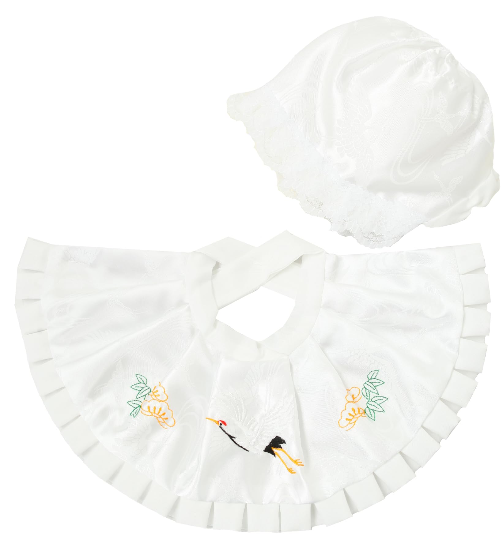 [きものMyライフ]お宮参り よだれかけ 帽子 2点セット フードセット 白/ピンク 刺繍入り 箱なし(お宮参りの産着/初着の下に赤ちゃんが着用するよだれかけと帽子のセット)