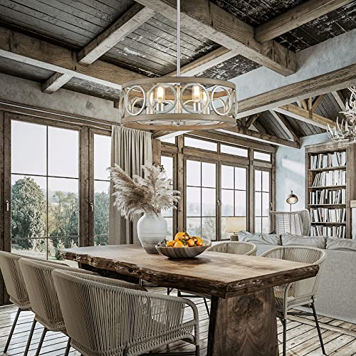 Xingqi Rustic Chandelier Brushed Nickel, Drum Chandeliers For Dining Room Modern Light Fixture Over Table Farmhouse Metal Wood Grain Pendant 5 Lights #TOP5