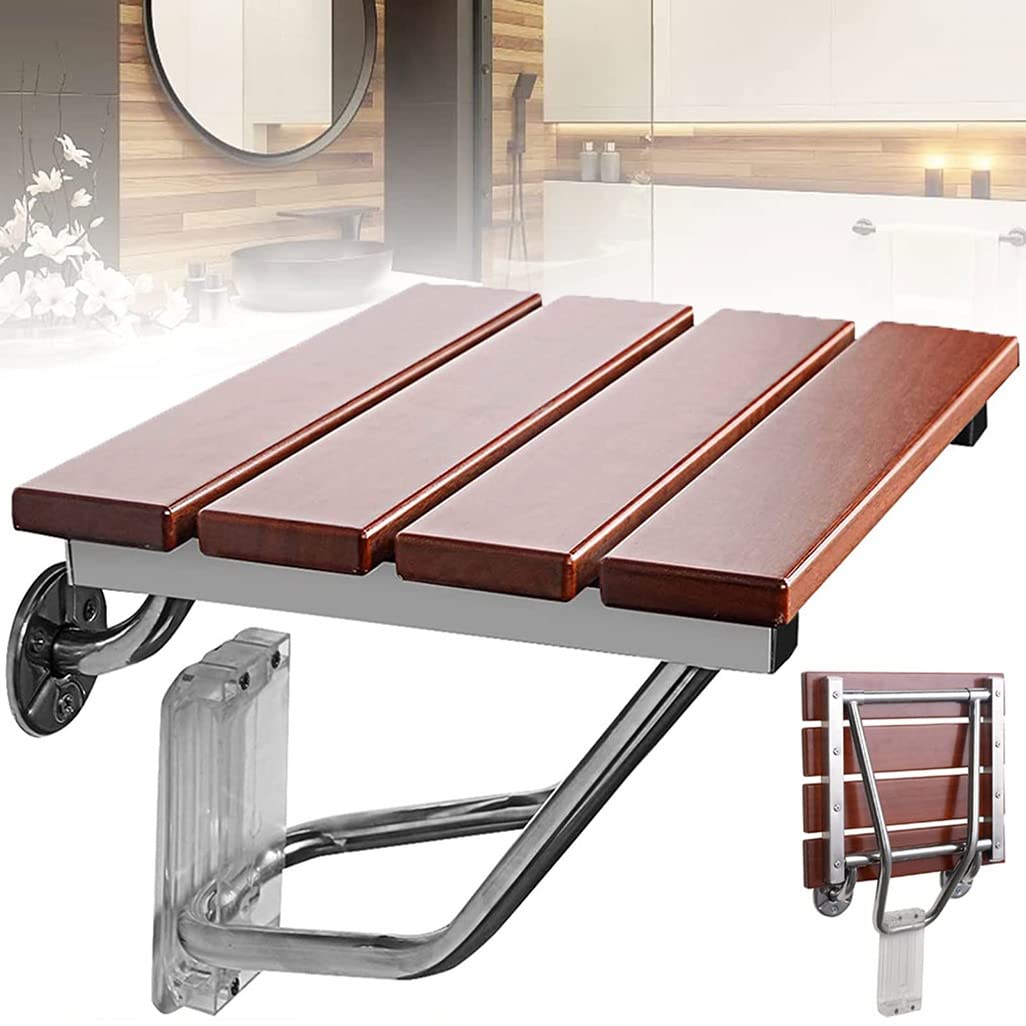 Asiento de Ducha Abatible Pared Banco para Ducha de Madera, Taburete de Ducha Antideslizante Asiento de Ducha Plegable Acero Inoxidable, para Personas Mayores,Embarazadas