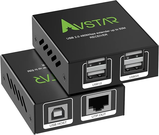 USB 2.0 Extender 4-Port 165ft 50m Over RJ45 Cat5e/6 up to 480Mbps,Two Webcam Work Sync,Plug and Play Design,No Driver for PC Windows,MacOS,Android,1.5m USB Cable,5V Power (USB 1)