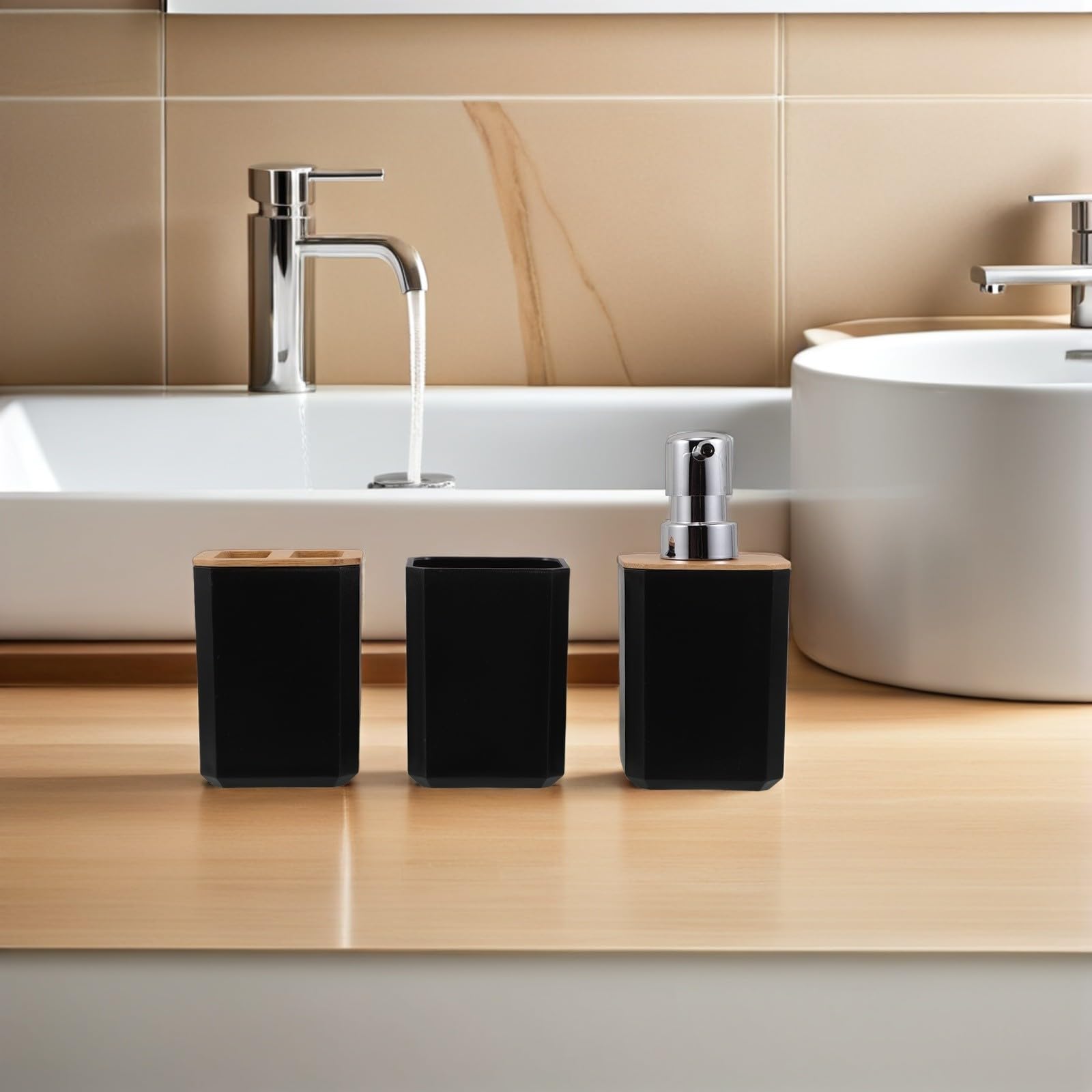 Juego de Baño Accesorios Completo de Bambú Negro Dispensador de Jabón y Soporte para Cepillo de Dientes para Uso en Hotel y Hogar