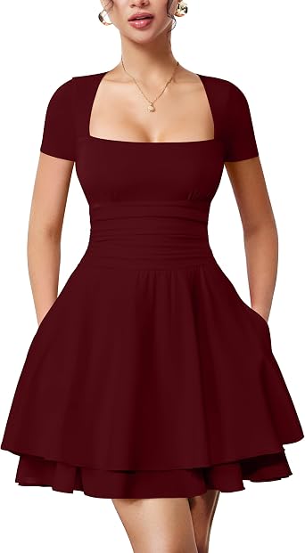 YMDUCH Womens Casual Square Neck Ruffle Hem Mini Dress Short Sleeve Short Party Dresses with Pockets