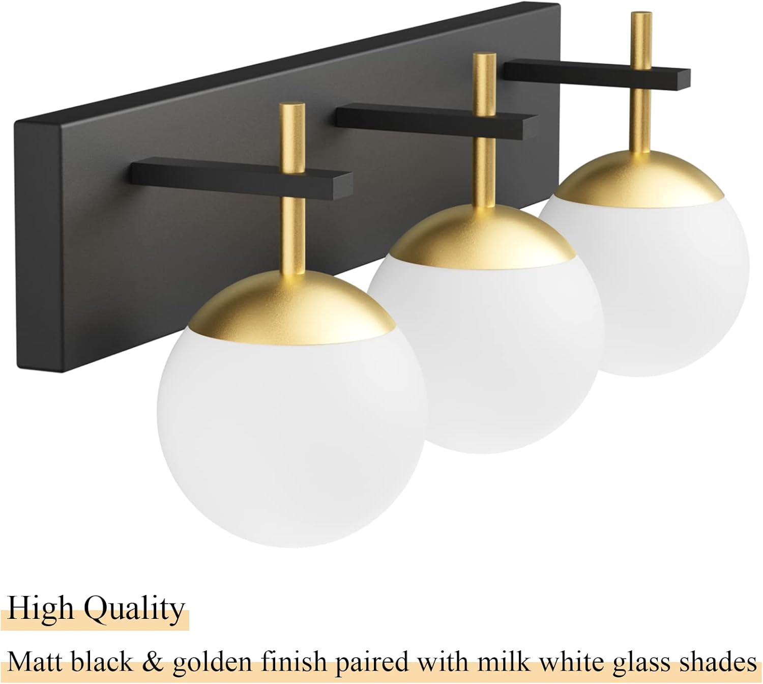 Ralbay Mid Century Modern 3-Light Milky Glass Globe Vanity Lights - Black and Gold Bathroom Wall Lighting