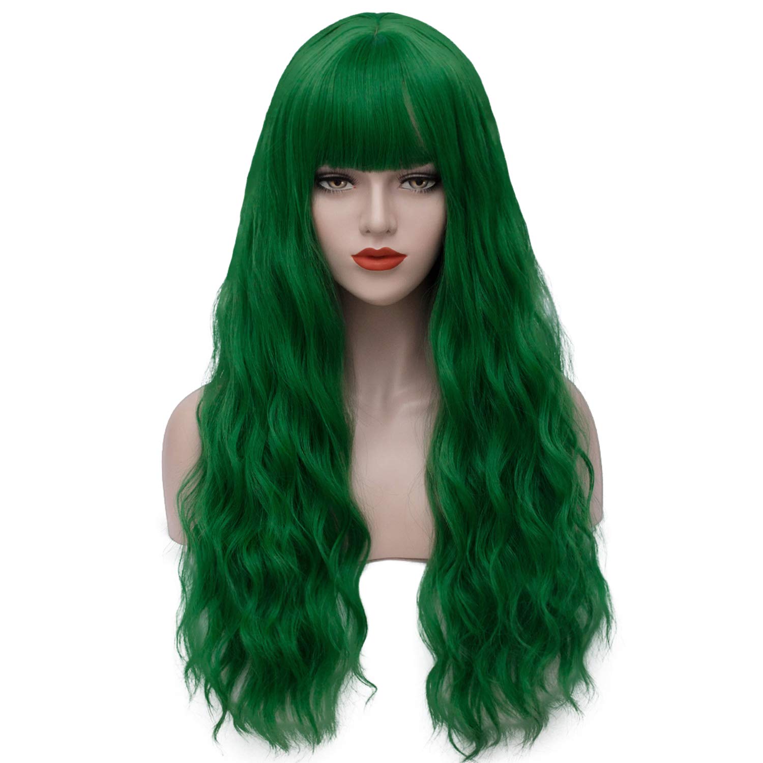 Green Wigs for Women 26'' Long Green Wig with Bangs Curly Wavy Cute Synthetic Soft Hair Wigs for St Patrick's Party AD002GR
