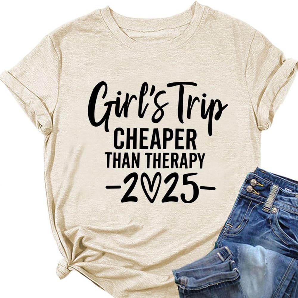 Girl’s Trip Cheaper Than Therapy 2025 Letter Print Women Tees Shirt Summer Crewneck Short Sleeve Casual Camper Tops Girl’s Trip Cheaper Than Therapy 2025 Letter Print Women Tees Shirt Summer Crewneck Short Sleeve Casual Camper Tops
