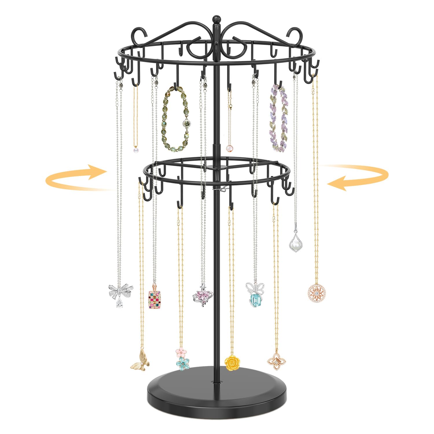 EsLuker.ly Necklace Holder Organizer Rotating Display Stand, 2 Tier Black