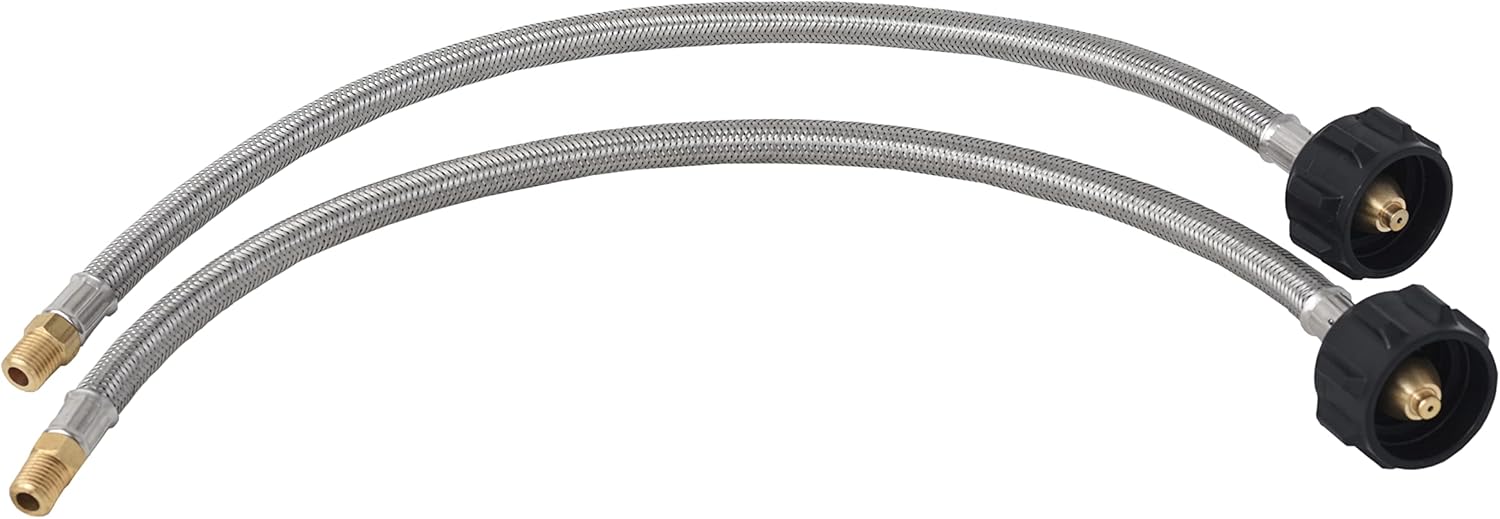 Flame King FK-SSPT-18IN-NPTX2 1/4" Male NPT Adapter (Not Flare), Stainless Steel Braided Propane Pigtail Hose 2-Pack for RV Regulators, Steel/Black/Brass