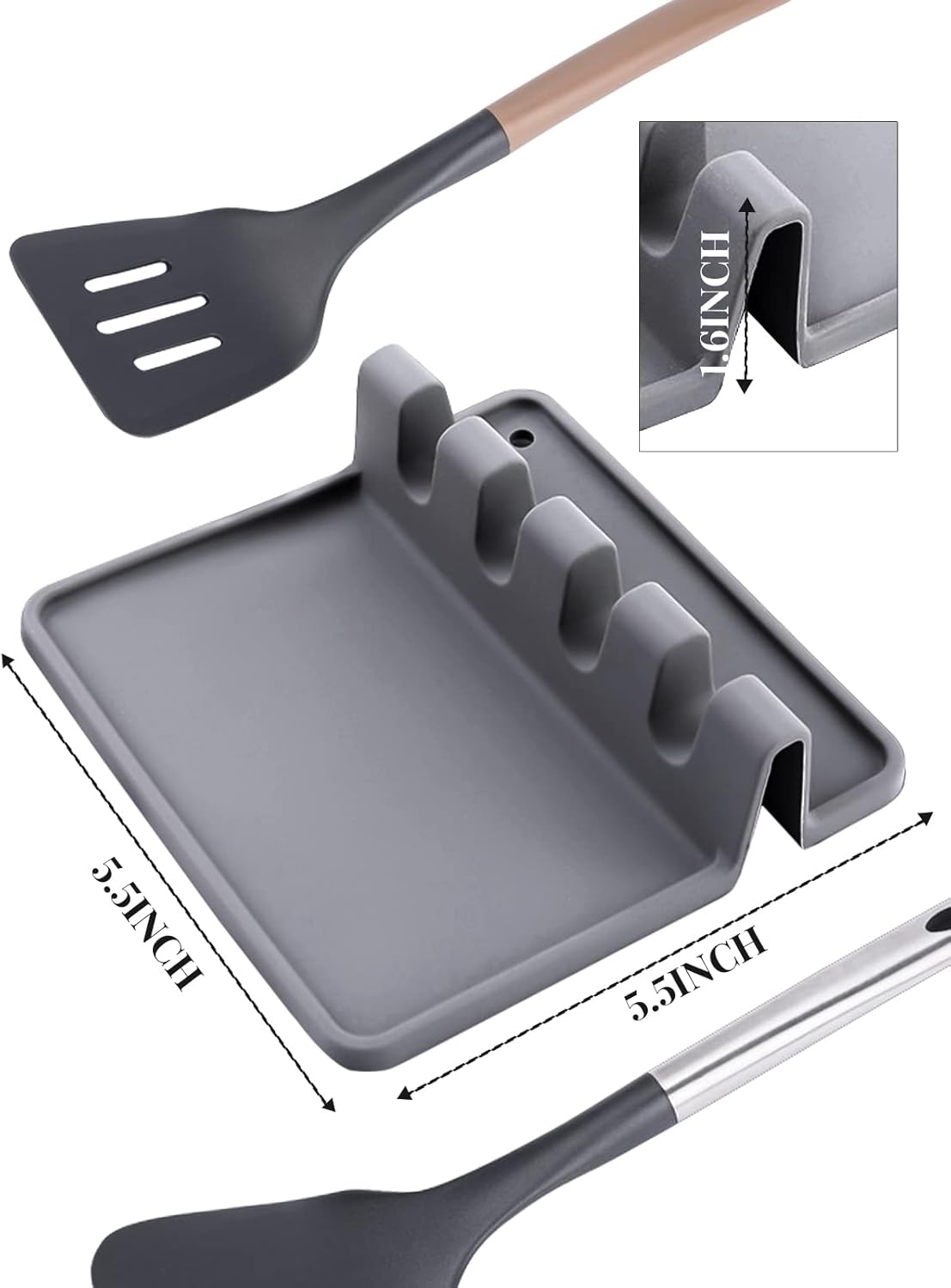 Silicone Spoon Rest with Drip Pad for Stove Top(2PCS), Large Utensil Rest for Multiple Utensils, Heat-Resistant & Dishwasher Safe Kitchen Utensil Holder for Spatula, Ladle, Kitchen Gadgets (Grey)