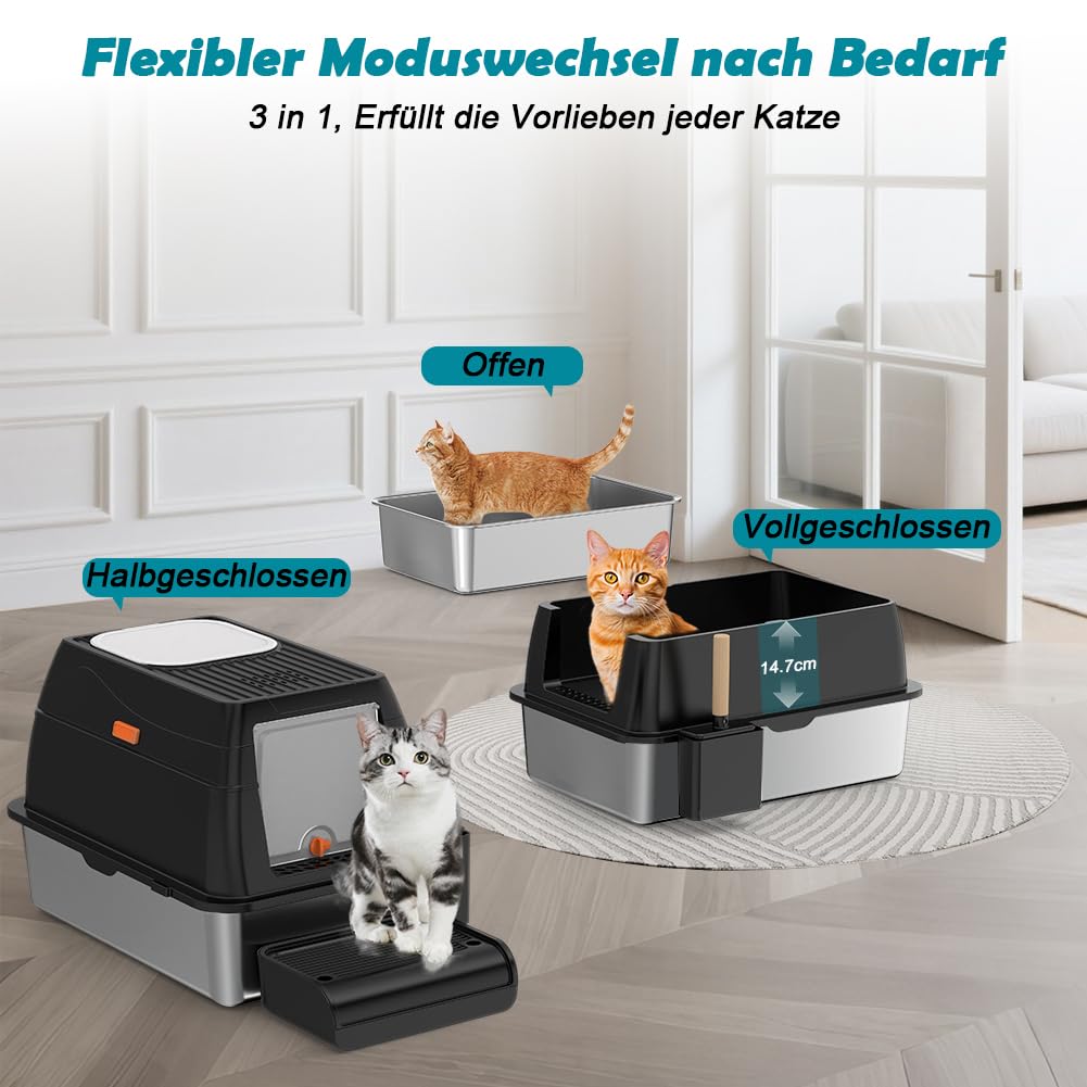 Katzenklo Edelstahl XL, Groß Edelstahl Katzentoilette mit Deckel, Stainless Steel Cat Litter Box, Geschlossen Katzen Klo, Zwei Ausgänge, Schaufel+Matte+Trettstufe- 60x 40x 39,5cm(Schwarz)