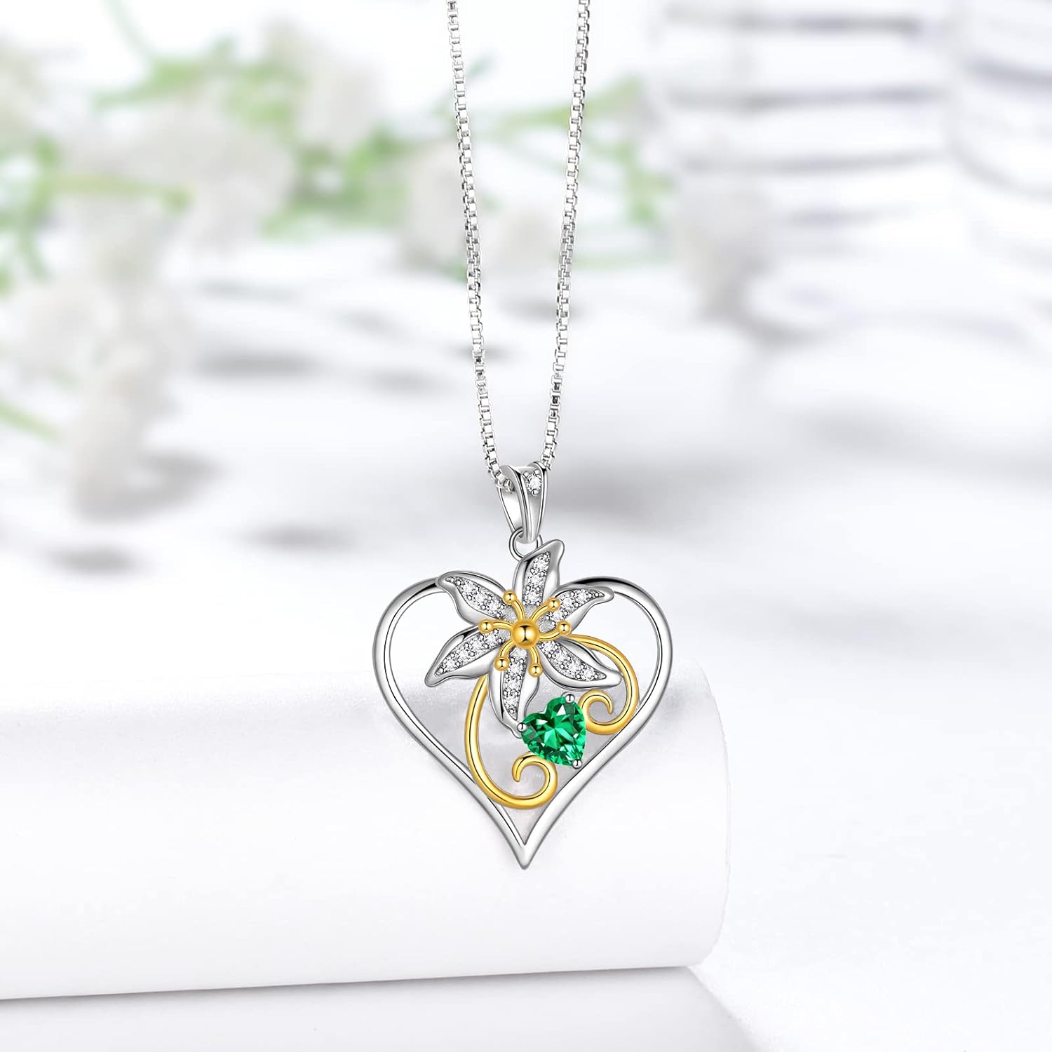 Aurora Tears Birth Flower Pendant Necklace with Birthstone - 925 Sterling Silver Birth Month Flower Pendant Necklace Birthday Jewelry for Mom Wife Girlfriend Her - Image 2