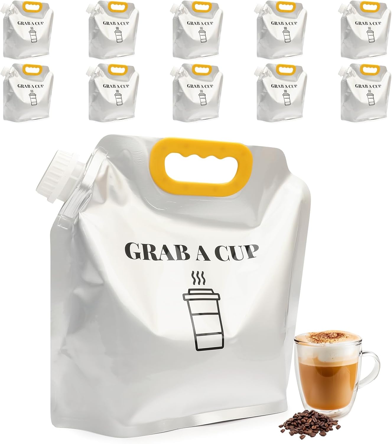 10 Pack Disposable Coffee Dispensers with Handle Coffee Box Cold Hot Beverage Dispenser COFFEE Carrier with Handle Take Out Camping Water Storage Containers Water Bag for Hiking (88oz) (Yellow)