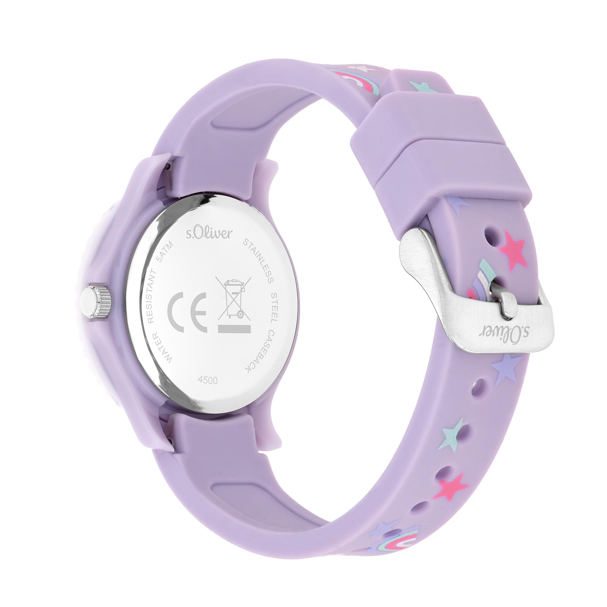 s.Oliver Reloj Infantil Redondo – Lila – 38 mm – Reloj de plástico con Movimiento de Cuarzo en la Correa de Silicona con Hebilla – Reloj analógico – Resistente al Agua 5 ATM – Resistente a los