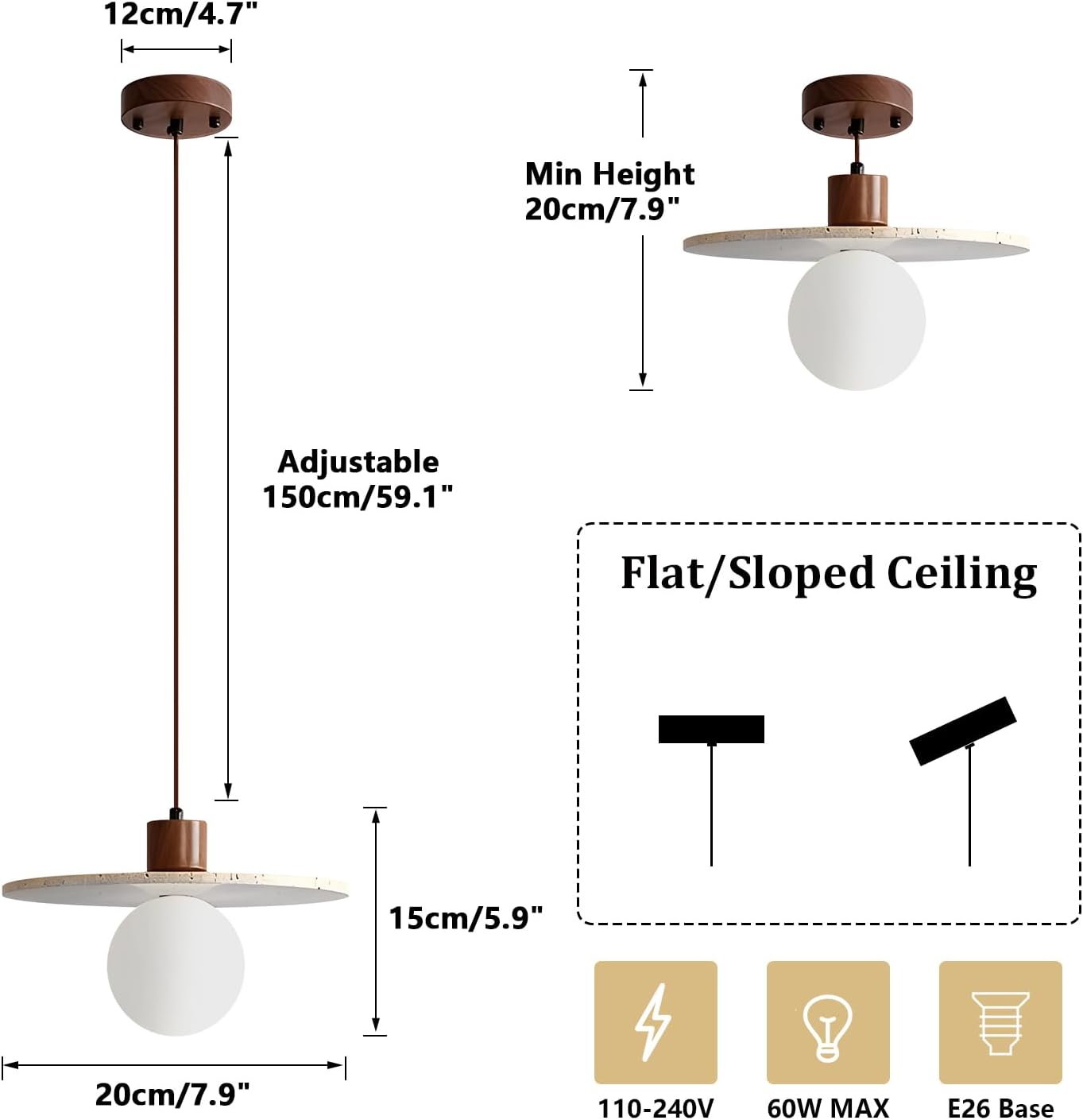 Wabi Sabi Pendant Light 7.9" Small Japandi Natural Stone Pendant Lights Nordic Marble Hanging Light for Kitchen Island Dining Room Island