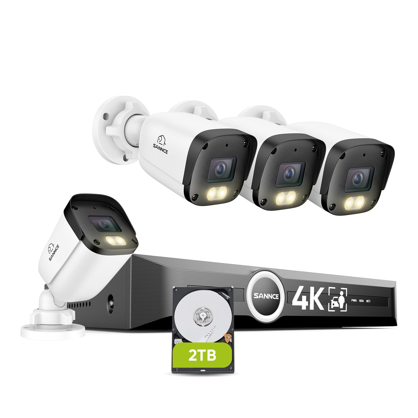 SANNCE 4K PoE Kit Videosorveglianza Esterno, 8MP NVR 8 Canali HDD 2TB con 4 Telecamere da Esterno, Rilevamento Intelligente di Persone/Veicoli, Visione Notturna Colorata, Registrazione Audio, IP67