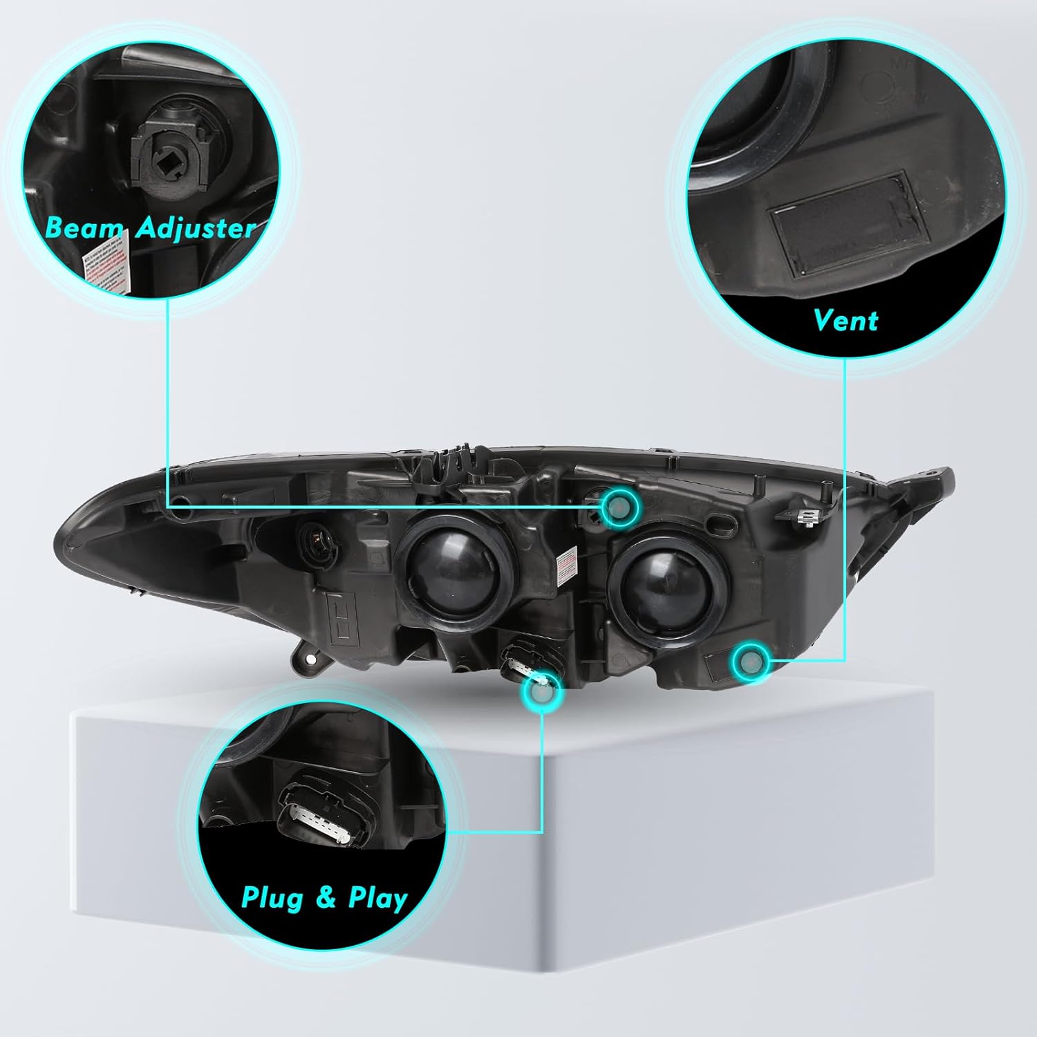 Headlight Assembly Set with Bulbs Compatible with 2013-2016 Ford Fusion Driver and Passenger Side (Black Housing with Amber Reflector)