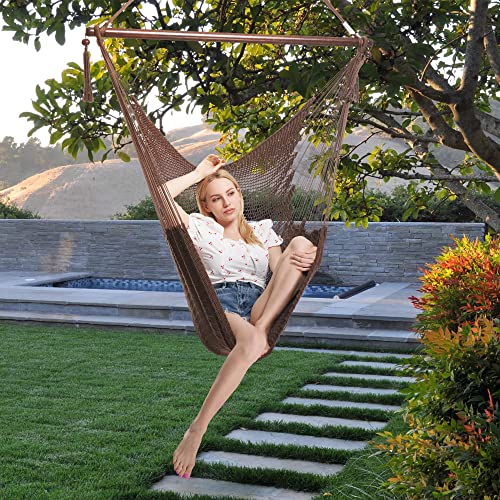 Large Caribbean Hammock Chair With Footrest - 48 Inch - Polyester - Hanging Chair - Mocha #TOP3