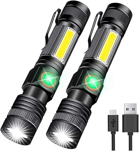 Hoxida Linterna recargable por USB, linterna LED magnética, linterna táctica LED súper brillante con luz lateral de mazorca, impermeable, zoomable,