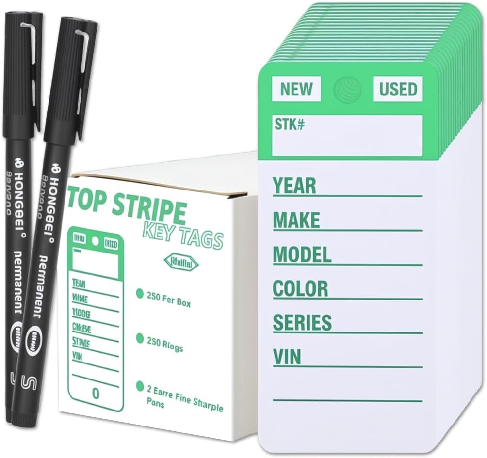 Vinyl Poly Car Key Tags 250 Pcs with 250 Split Rings & 2 Markers, Heavy-Duty & Tear Proof Top Stripe Key Tags with Write-On Design (Green Stripe - Green Letter)
