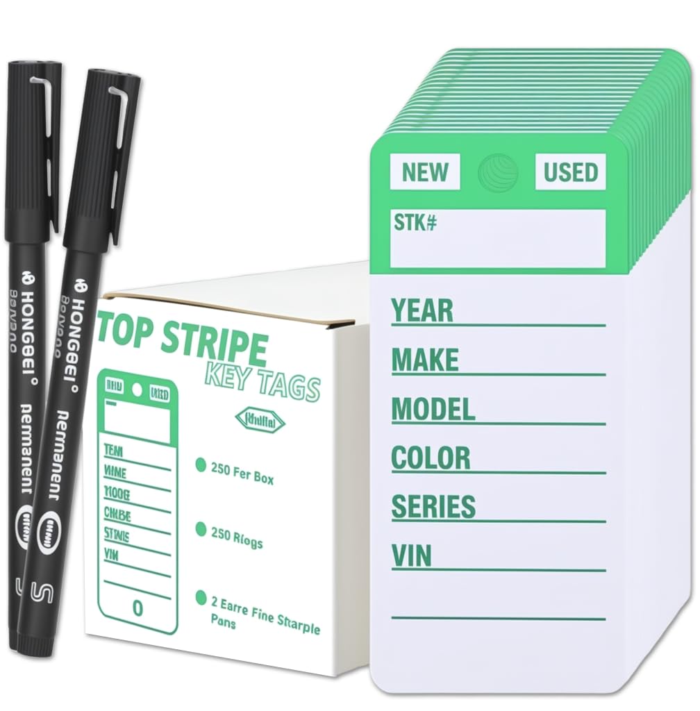 Vinyl Poly Car Key Tags 250 Pcs with 250 Split Rings & 2 Markers, Heavy-Duty & Tear Proof Top Stripe Key Tags with Write-On Design (Green Stripe - Green Letter) Green-green