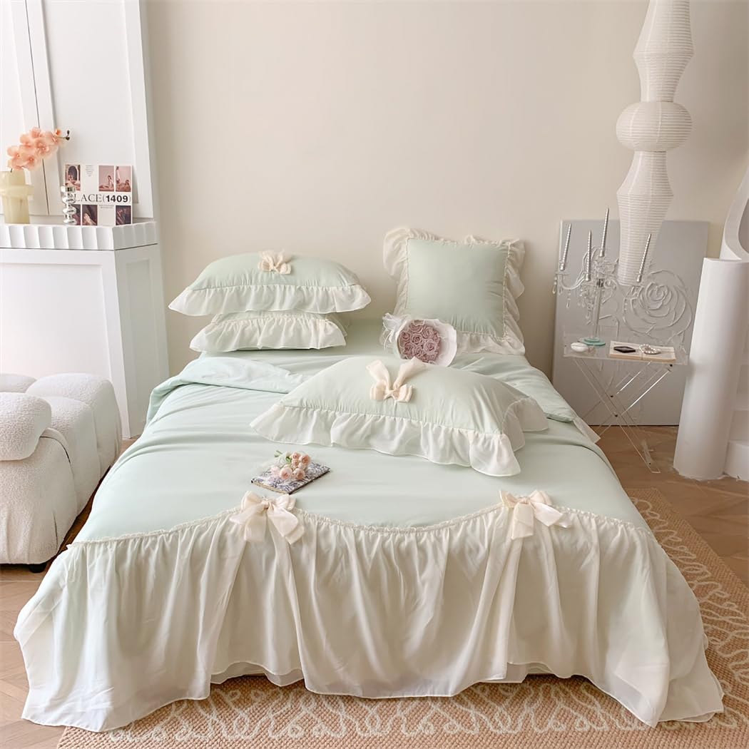 IHOUSTRIY Duvet Cover Full Size, Ruffle Beddding Set with Bowtie, 3 Pieces Comforter Cover Set with Zipper Closure, Girl Princess Bedding with Pillowcase - Light Green, Full