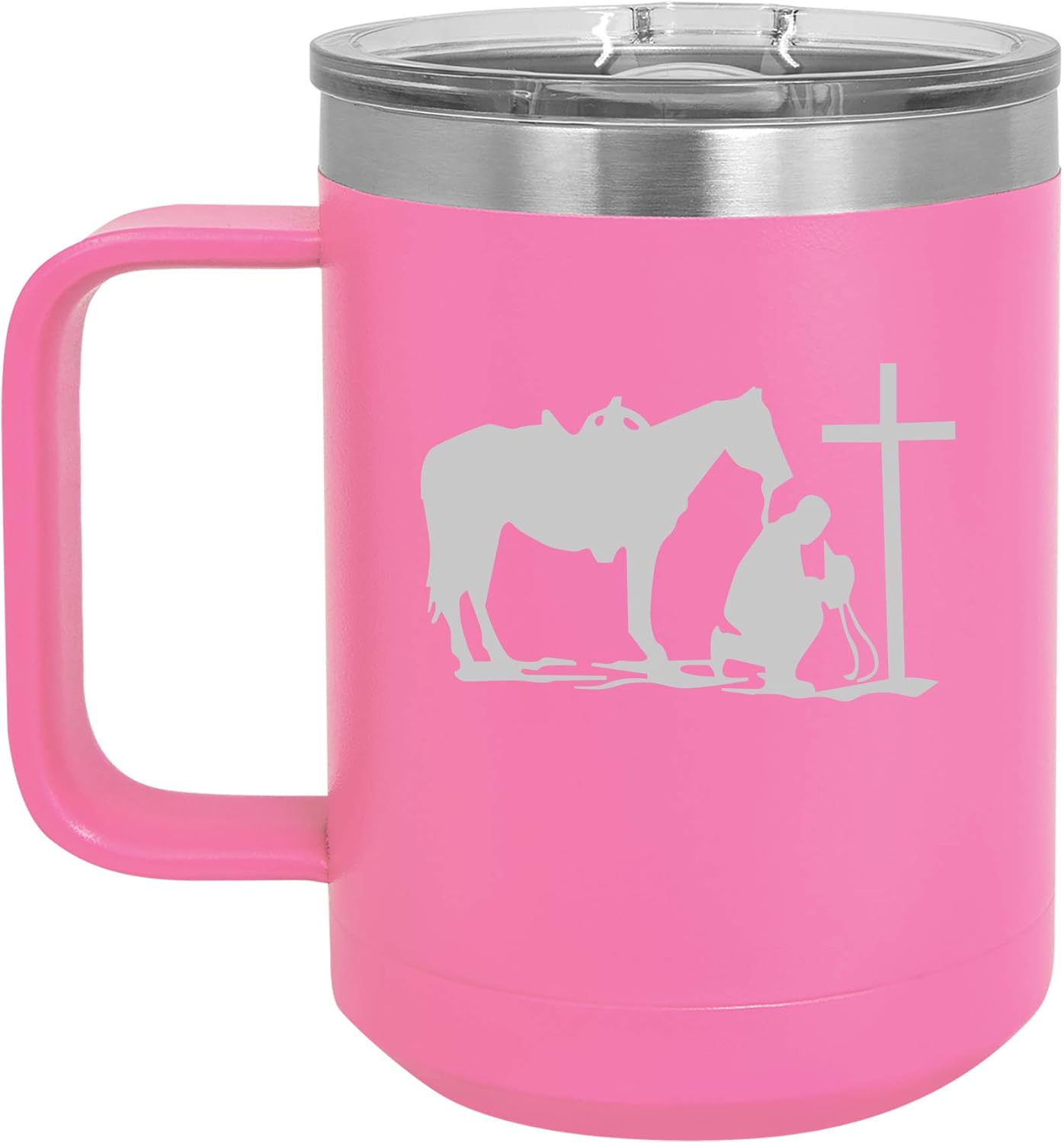 15 oz Tumbler Coffee Mug Travel Cup With Handle & Lid Vacuum Insulated Stainless Steel Cowboy Praying Cross Horse (Black)