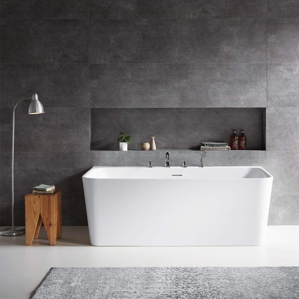 Vinnova Dashiel Acrylic Freestanding Soaking Bathtub with Chrome Finish Overflow in White, 59"