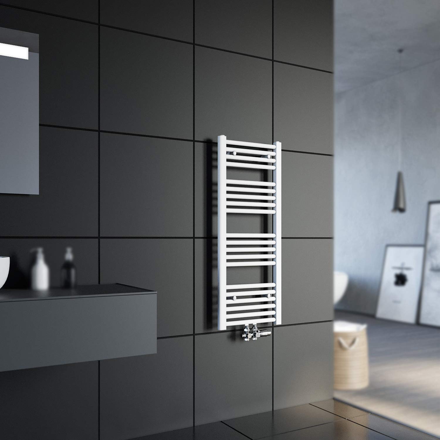 SONNI Grzejnik łazienkowy, 1600 x 400 mm, suszarka na ręczniki, biała, 358 W, designerska, ogrzewanie, przyłącze środkowe z białym termostatem multiblokowym