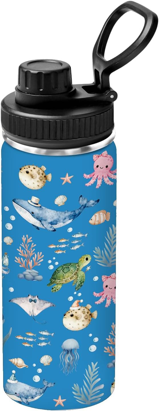 Whale Water Bottle for Son, Stainless Steel Insulated Ocean Themed Tumbler for Home with 2 Lids & Handle, Antislip Silicone Boot, 18oz Reusable Leak-Proof Marine Life Bottle for Sports, 1 PCS - Image 2