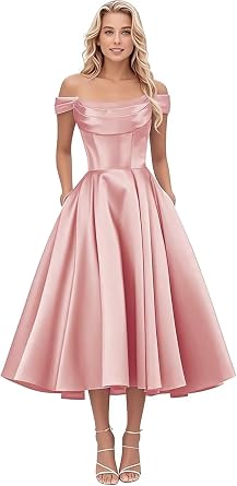 A Line Off Shoulder Cowl Neck Prom Dresses for Women Tea Length Satin Formal Evening Party Gowns with Pockets Blush