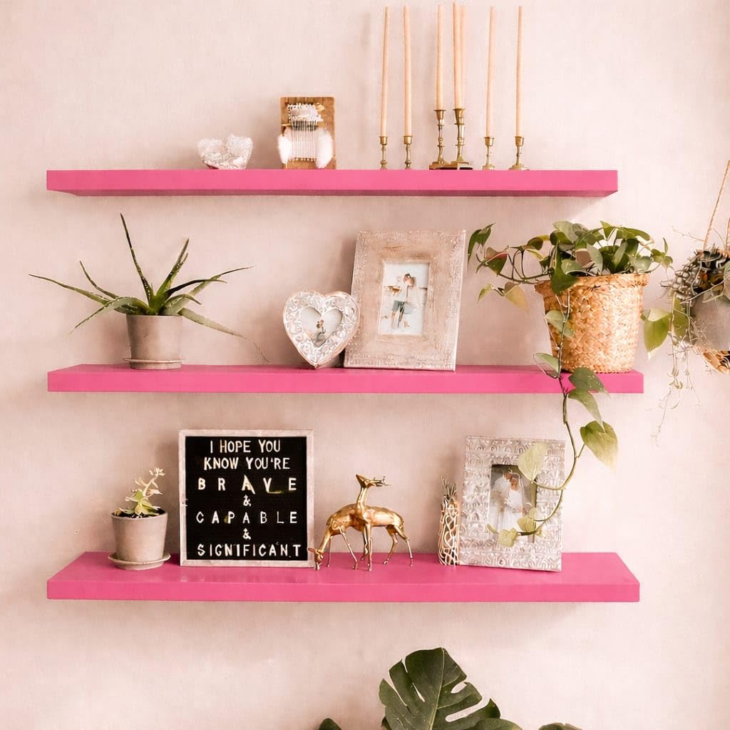 Kassar Pink Floating Wall Shelves Set of 3 Modern Wooden Display Rack Decorative Storage Ledge for Stylish Home Interiors-image-21