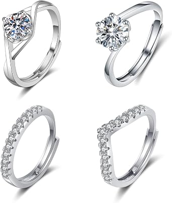 4Pcs Women's 925 Sterling Silver Ring Adjustable Cubic Zirconia Wedding Engagement Anxiety Open Thumb Stacking Rings Mothering Sunday Gifts for Mom Friendship Jewelry Valentine Anniversary Easter