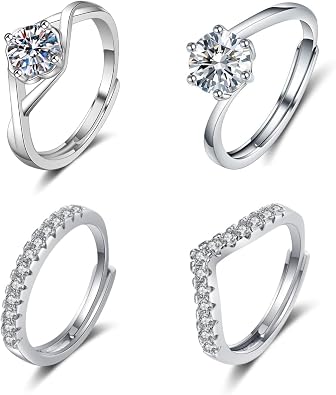 4Pcs Women's 925 Sterling Silver Ring Adjustable Cubic Zirconia Wedding