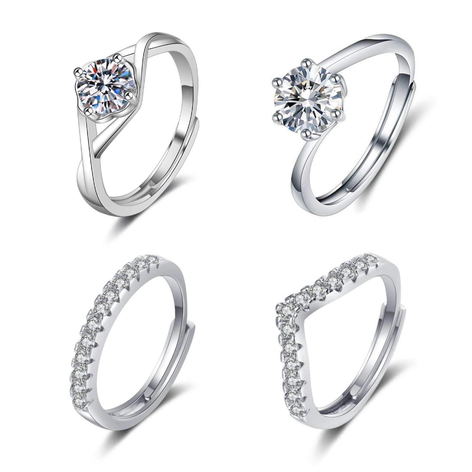 4Pcs Women's 925 Sterling Silver Ring Christmas Adjustable Cubic Zirconia Wedding Engagement Open Thumb Rings for Women Stacking Rings Set Friendship Promise Jewelry Xmas Gifts Valentine Anniversary