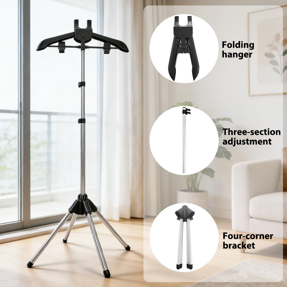 Supporto per vaporizzatore, pieghevole, telescopico, con rullo per capelli e guanti da stiro, regolabile in altezza, appendiabiti portatile per stirare a vapore camicie (nero)