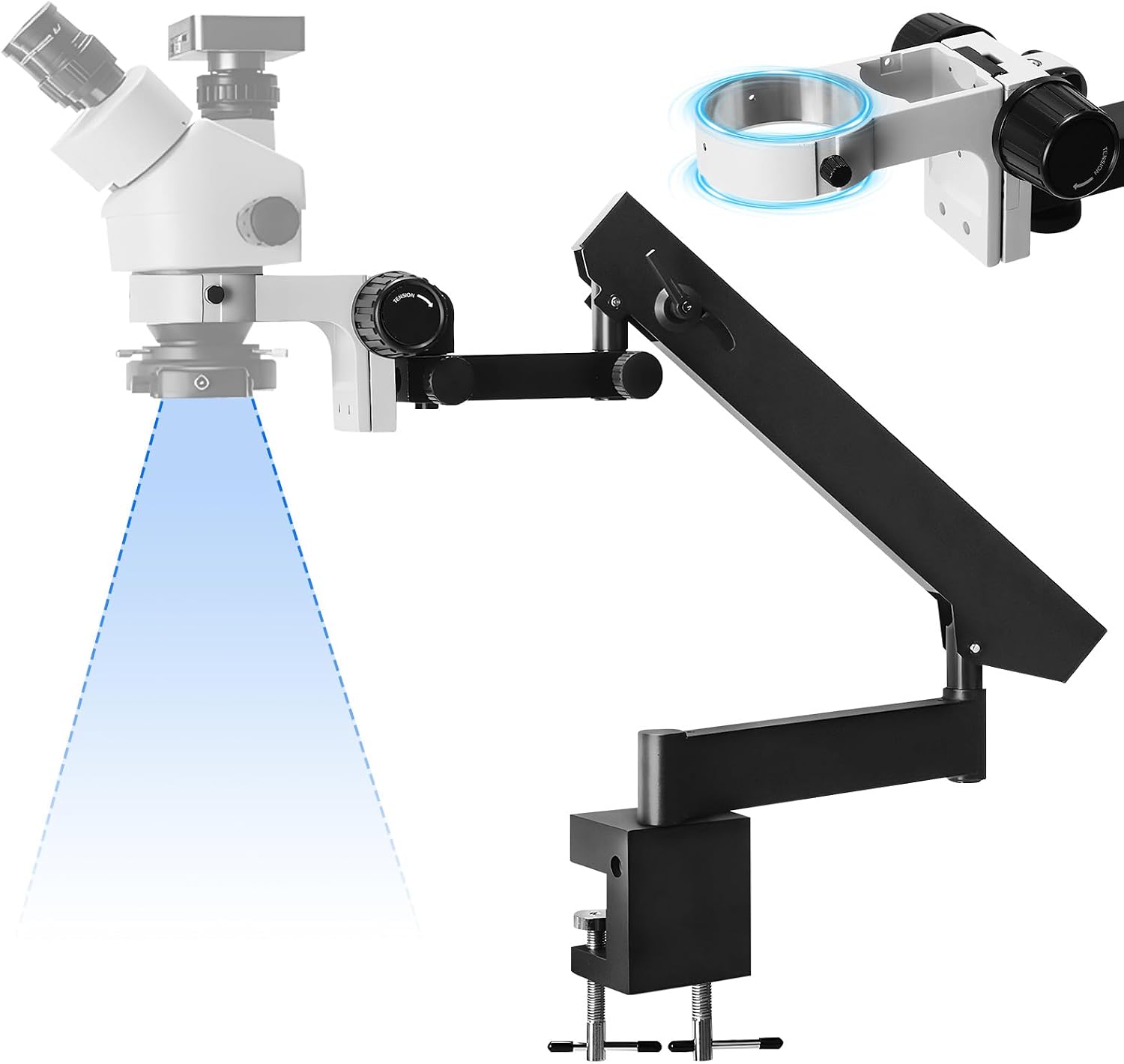 Adjustable Articulating Arm Pillar Clamp Stand, Desk Clip Type Lifting Bracket, Up Down Adjustable Holder for Binocular Stereo Microscope