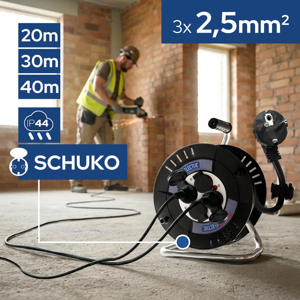 Avvolgicavo 40 metri IP44 - Prolunga Elettrica Avvolgicavo 230V 3300W Prolunga da Cantiere - Tamburo Cavo con 4 Prese Schuko 3×2,5 mm² - Avvolgicavo da Esterno per Giardino, Garage - Horoz Electric