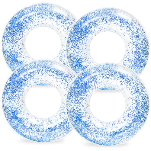 Whaline 4Pcs Inflatable Pool Floats Toys Clear Swim Tubes Rings Glitter Navy Blue Pool Tube for Kids Boys Girls Outdoor Summer Swimming Pool Beach Party Favors Supplies