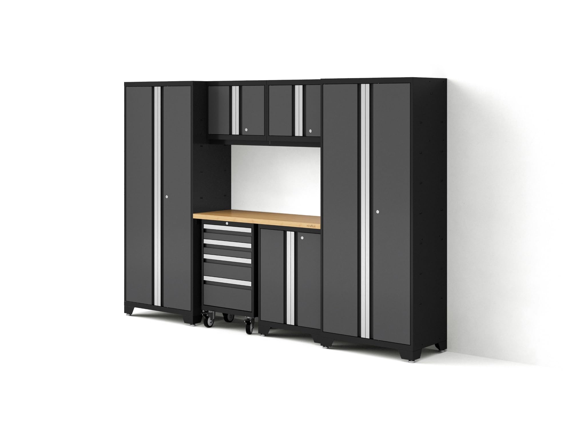 NewAge Products Garage Storage Cabinets Steel Bold Series 7 Piece Sets Includes Bamboo Worktop, Multi-Use lockers, Wall, Base and Rolling Tool Cabinets, Gray, 50421
