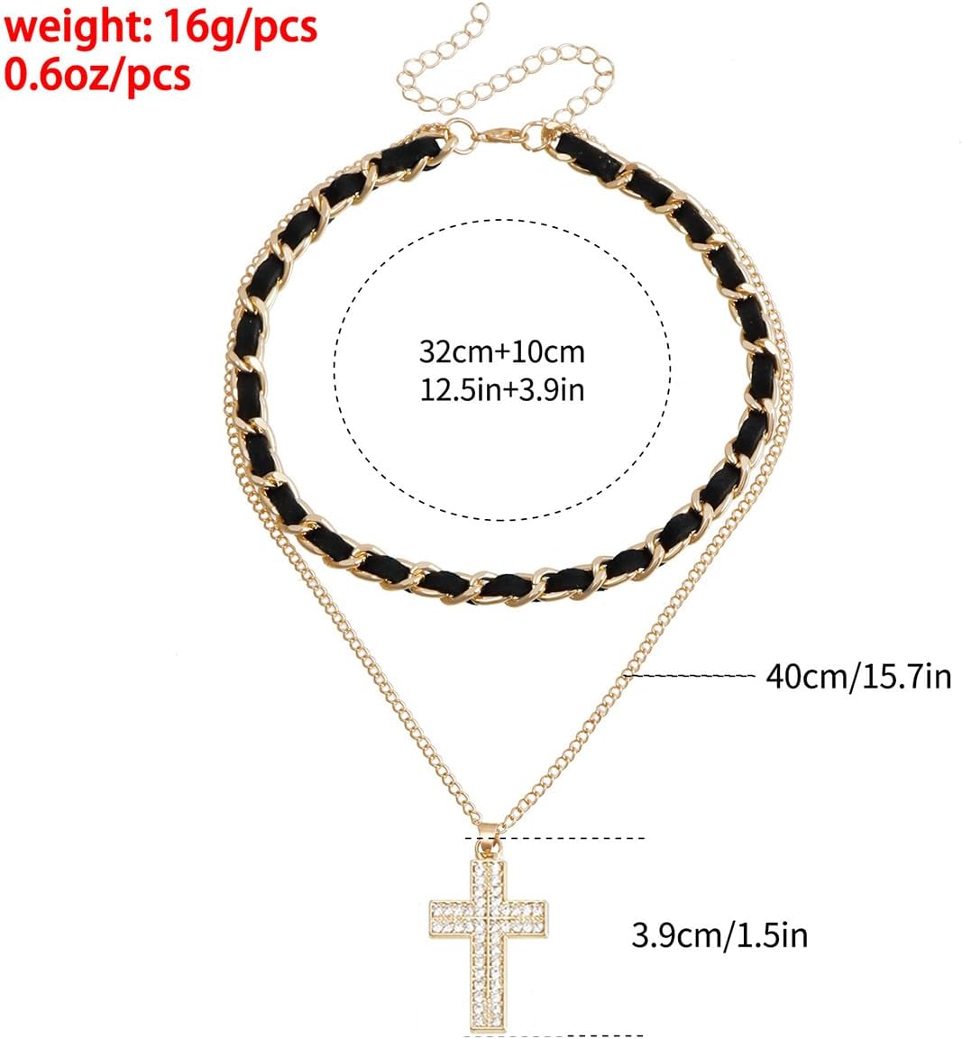 PLOUTOS Layered Black Leather Chain Choker Necklace Set For Women With Gold Paperclip Link Chain Crystal Paved Cross Pendant Fashion Jewelry - Image 2