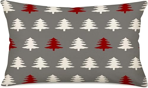 Fundas de almohada lumbar de árbol de Navidad rojo y blanco de 12 x 20 pulgadas, color gris, decoración de invierno para sofá