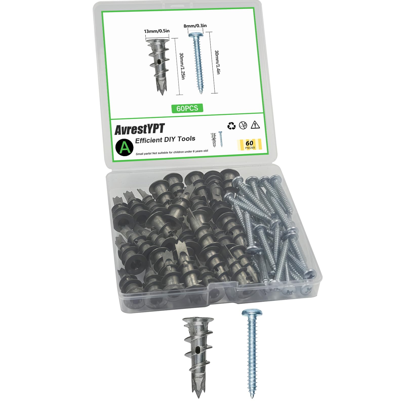 AvrestYPT Zinc Self-Drilling Drywall Anchors with Screws Kit, 30 Heavy Duty Metal Wall Anchors and 30#8 x 1-1/4'' Screws - 60 Pieces All Together