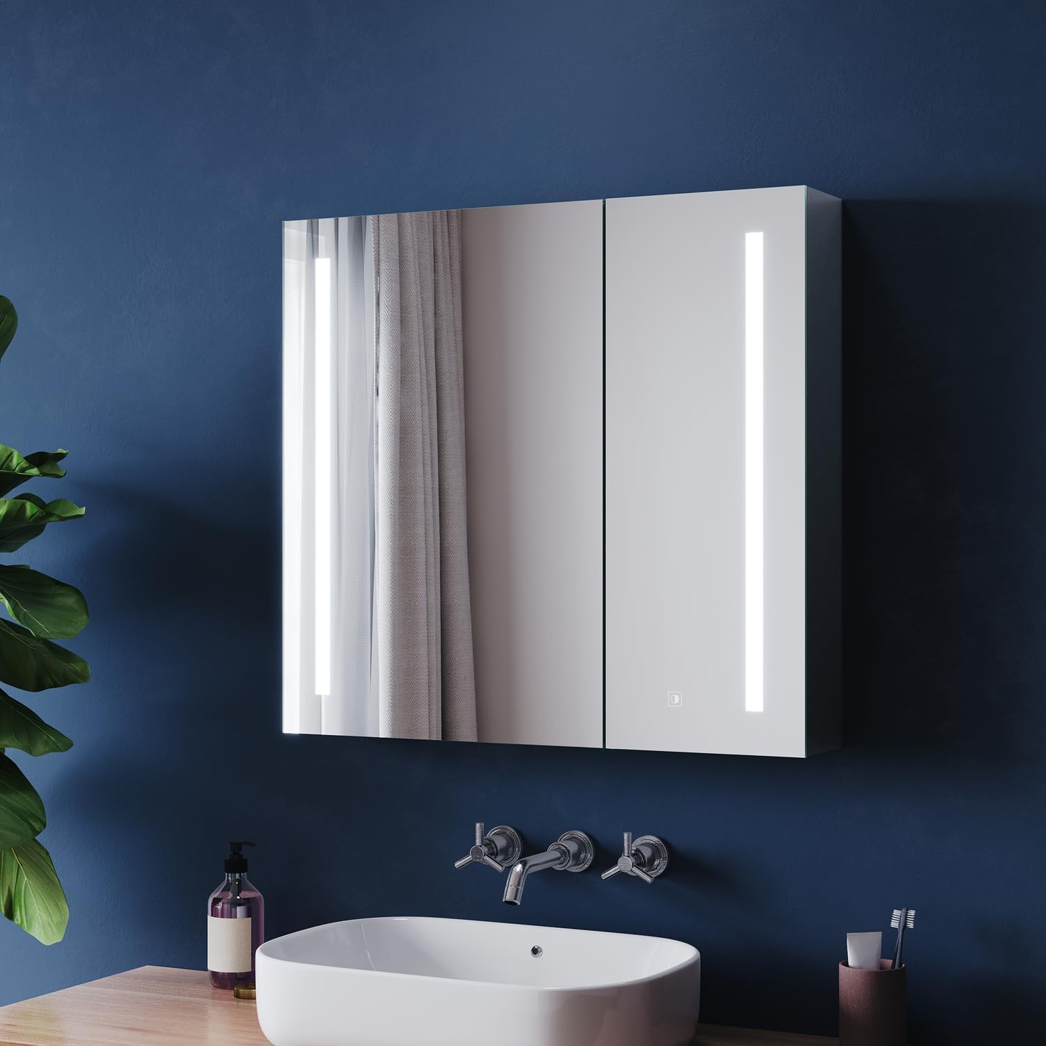 Illuminated LED Bathroom Mirror Cabinets with Shaver Socket, Concealed Storage Bathroom Cabinets Ready Assembled Double Mirrored Door with 3 Colors Dimmable, 700 x 650 mm, Speckled Gray