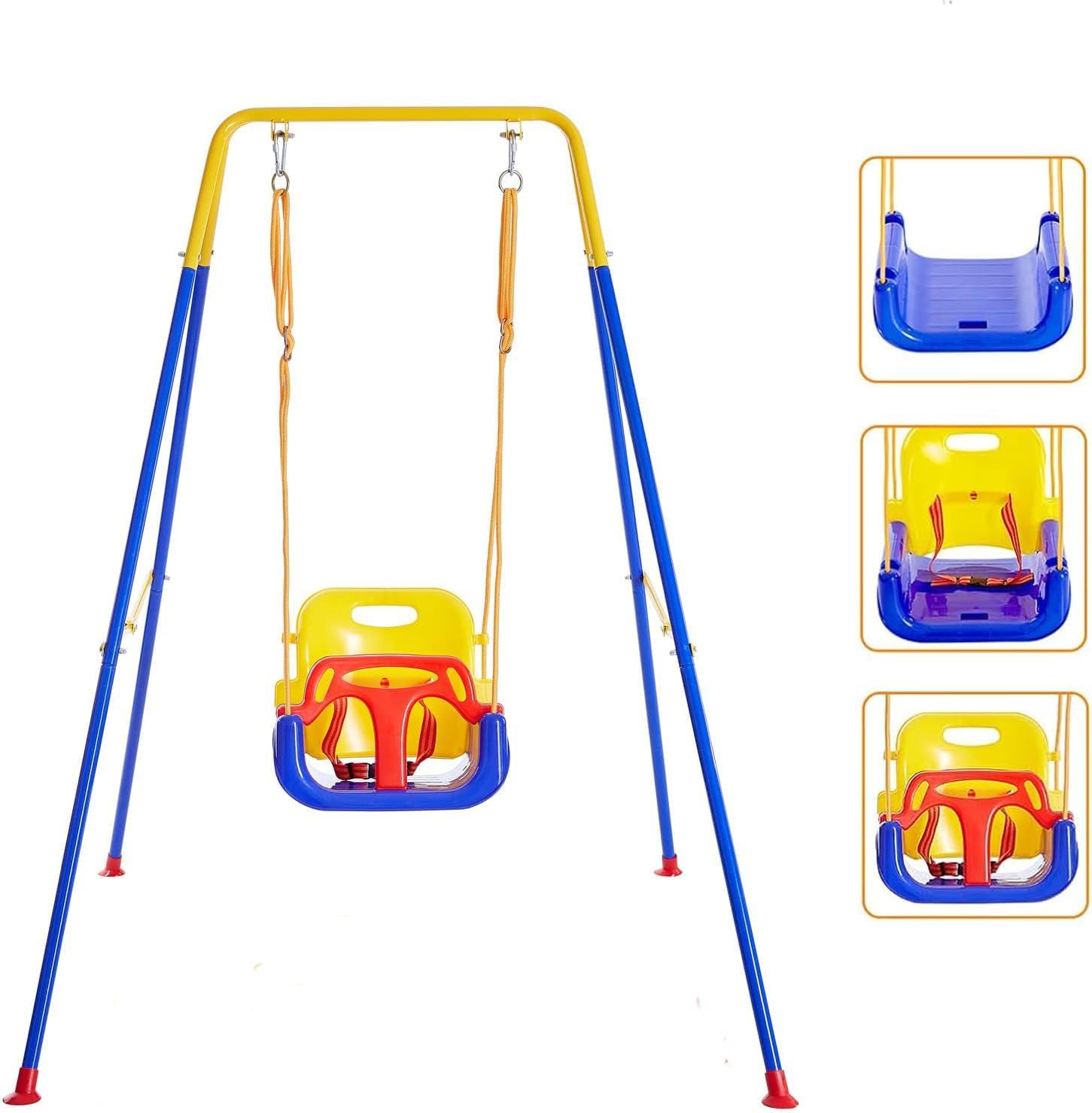 JUMIX Toddler Swing Set with Frame Indoor & Outdoor Baby Swing with Foldable Metal Stand Kids Swing Set for Backyard, Easy to Assemble & Store, Blue